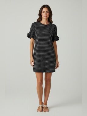 Tabitha Webb Bell Sleeve Black & Gray Striped Dress Size Small